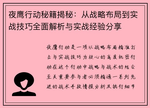 夜鹰行动秘籍揭秘：从战略布局到实战技巧全面解析与实战经验分享