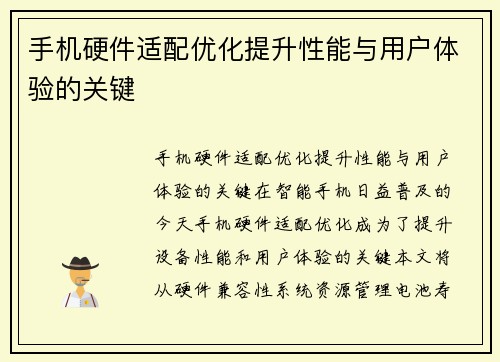 手机硬件适配优化提升性能与用户体验的关键